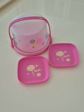 Vintage Tupperware Barbie Pink Play Cake Container Set with Lollipop Graphics